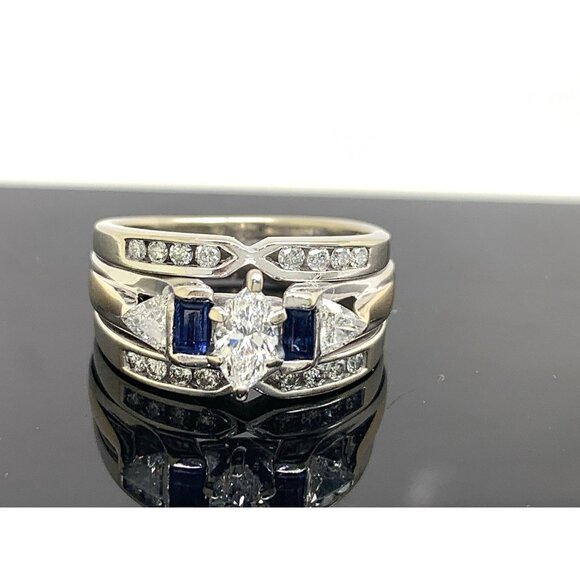 Wedding Set Diamond Blue Sapphire 14K White Gold Engagement Ring Band Size 5.25 - Picture 2 of 12